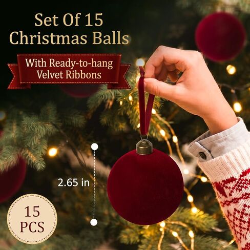 15 Pcs Red Velvet Christmas Decorations Balls, 3.15 Inch Christmas Ornaments for Christmas Tree Decor, Big Dark Red Flocked Ornaments Balls for Family Holiday Party Xmas Valentines Hanging Decoration in Saudi Arabia