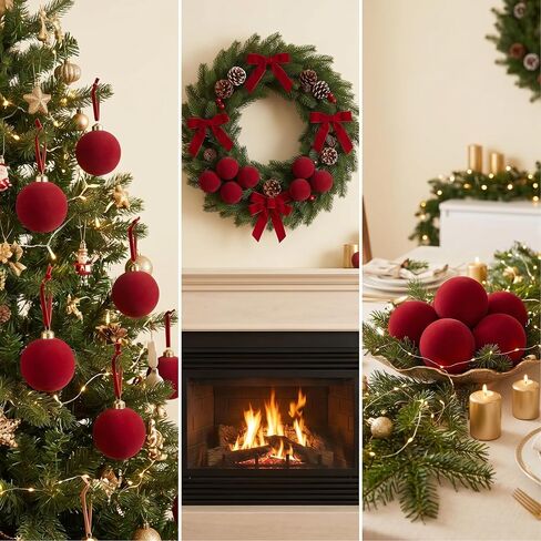 15 Pcs Red Velvet Christmas Decorations Balls, 3.15 Inch Christmas Ornaments for Christmas Tree Decor, Big Dark Red Flocked Ornaments Balls for Family Holiday Party Xmas Valentines Hanging Decoration in Saudi Arabia