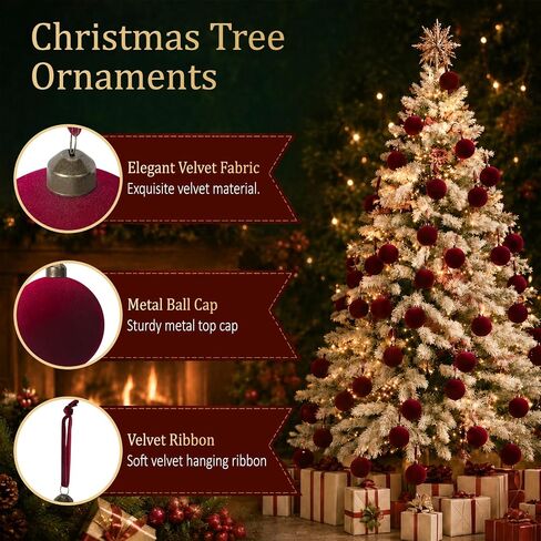 15 Pcs Red Velvet Christmas Decorations Balls, 3.15 Inch Christmas Ornaments for Christmas Tree Decor, Big Dark Red Flocked Ornaments Balls for Family Holiday Party Xmas Valentines Hanging Decoration in Saudi Arabia