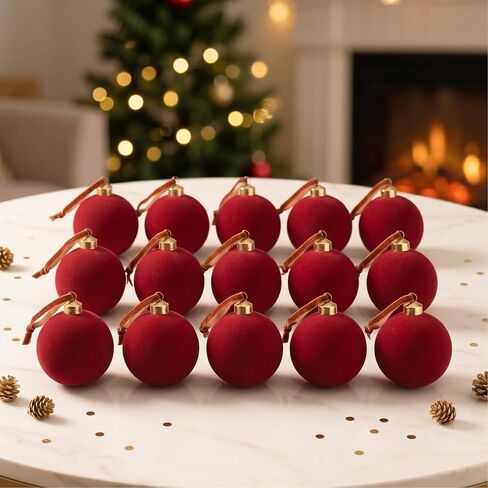 15 Pcs Red Velvet Christmas Decorations Balls, 3.15 Inch Christmas Ornaments for Christmas Tree Decor, Big Dark Red Flocked Ornaments Balls for Family Holiday Party Xmas Valentines Hanging Decoration in Saudi Arabia