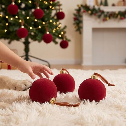 15 Pcs Red Velvet Christmas Decorations Balls, 3.15 Inch Christmas Ornaments for Christmas Tree Decor, Big Dark Red Flocked Ornaments Balls for Family Holiday Party Xmas Valentines Hanging Decoration in Saudi Arabia