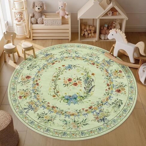 Joydeco Boho Bow Floral Large Rugs for Living Room Nursery, Washable Beige Kids Bedroom Rug 8x10 Under Bed, Colorful Non Slip Throw Carpet for Playroom Kids Dining Room Dorm Classroom, Beige in Kuwait