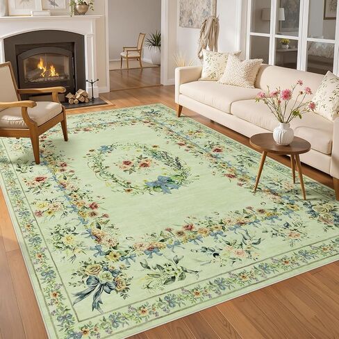 Joydeco Boho Bow Floral Large Rugs for Living Room Nursery, Washable Beige Kids Bedroom Rug 8x10 Under Bed, Colorful Non Slip Throw Carpet for Playroom Kids Dining Room Dorm Classroom, Beige in Kuwait