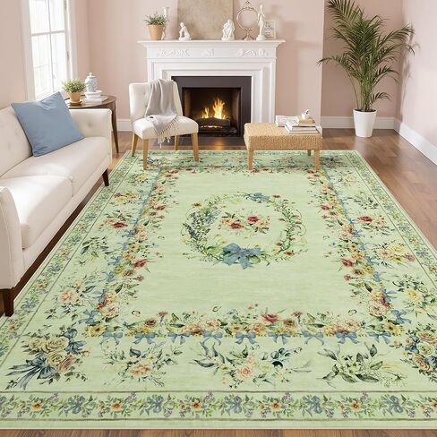 Joydeco Boho Bow Floral Large Rugs for Living Room Nursery, Washable Beige Kids Bedroom Rug 8x10 Under Bed, Colorful Non Slip Throw Carpet for Playroom Kids Dining Room Dorm Classroom, Beige in Kuwait