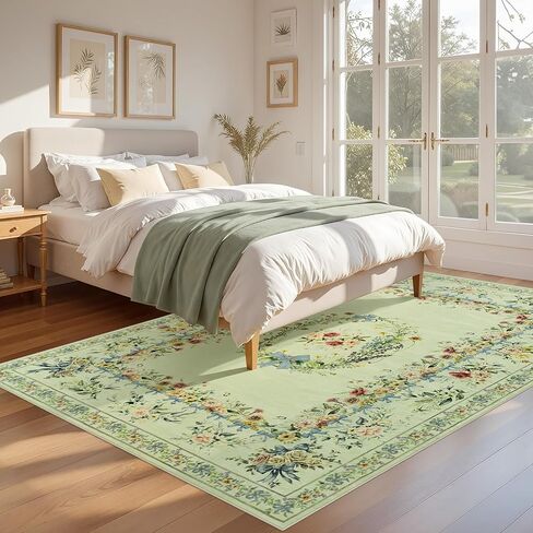 Joydeco Boho Bow Floral Large Rugs for Living Room Nursery, Washable Beige Kids Bedroom Rug 8x10 Under Bed, Colorful Non Slip Throw Carpet for Playroom Kids Dining Room Dorm Classroom, Beige in Kuwait