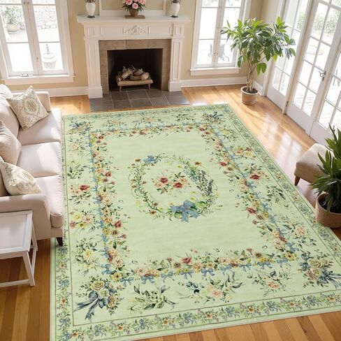 Joydeco Boho Bow Floral Large Rugs for Living Room Nursery, Washable Beige Kids Bedroom Rug 8x10 Under Bed, Colorful Non Slip Throw Carpet for Playroom Kids Dining Room Dorm Classroom, Beige in Kuwait