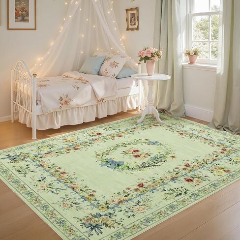 Joydeco Boho Bow Floral Large Rugs for Living Room Nursery, Washable Beige Kids Bedroom Rug 8x10 Under Bed, Colorful Non Slip Throw Carpet for Playroom Kids Dining Room Dorm Classroom, Beige in Kuwait