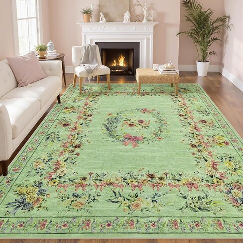 Joydeco Boho Bow Floral Large Rugs for Living Room Nursery, Washable Beige Kids Bedroom Rug 8x10 Under Bed, Colorful Non Slip Throw Carpet for Playroom Kids Dining Room Dorm Classroom, Beige in Kuwait