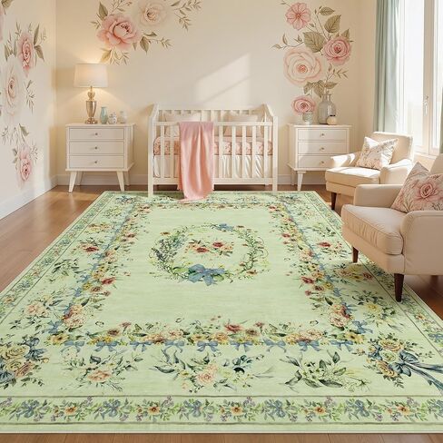 Joydeco Boho Bow Floral Large Rugs for Living Room Nursery, Washable Beige Kids Bedroom Rug 8x10 Under Bed, Colorful Non Slip Throw Carpet for Playroom Kids Dining Room Dorm Classroom, Beige in Kuwait