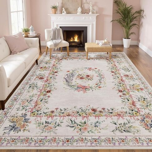 Joydeco Boho Bow Floral Large Rugs for Living Room Nursery, Washable Beige Kids Bedroom Rug 8x10 Under Bed, Colorful Non Slip Throw Carpet for Playroom Kids Dining Room Dorm Classroom, Beige in Kuwait
