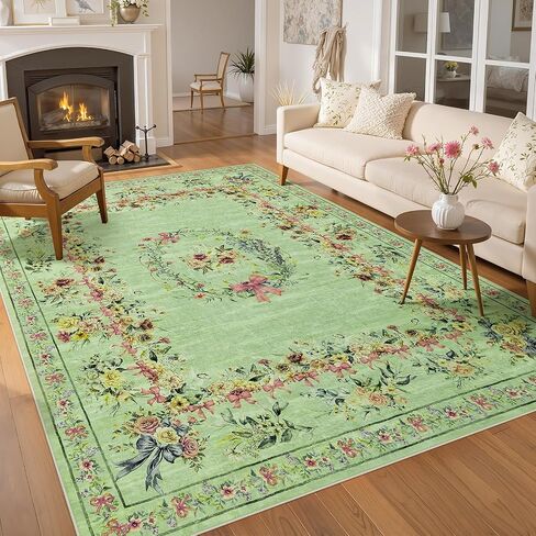 Joydeco Boho Bow Floral Large Rugs for Living Room Nursery, Washable Beige Kids Bedroom Rug 8x10 Under Bed, Colorful Non Slip Throw Carpet for Playroom Kids Dining Room Dorm Classroom, Beige in Kuwait