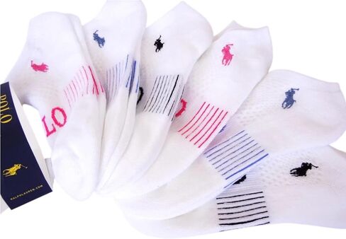 جوارب POLO RALPH LAUREN للسيدات مكونة من 6 جوارب منخفضة القطع، أبيض/متعدد، مقاس الجورب 9-11، مقاس الحذاء 4-10 1/2 in Kuwait