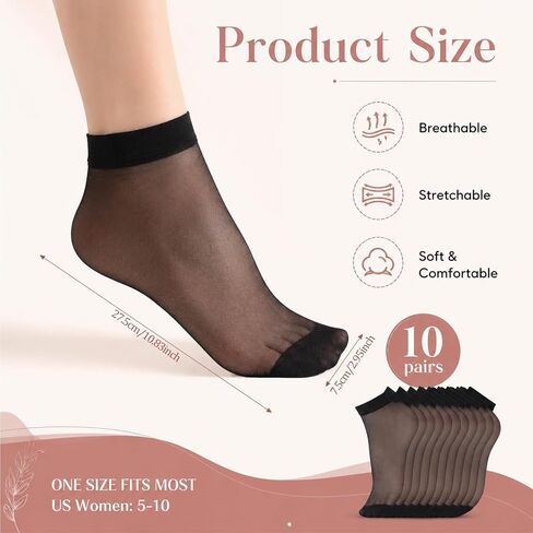 10 Pairs Sheer Ankle Socks, Black Nylon Socks for Women, Thin Ankle Stockings for Women in Kuwait
