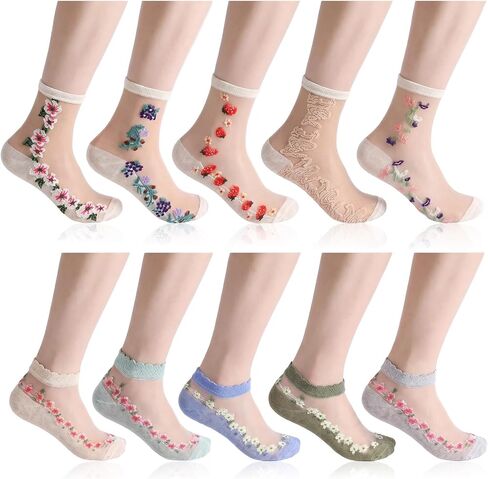 10 Pairs Sheer Floral Socks - Summer Thin Sheer Socks with Designs, Cute Transparent Stocking for Women in Saudi Arabia