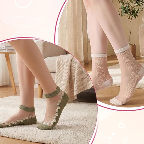 10 Pairs Sheer Floral Socks - Summer Thin Sheer Socks with Designs, Cute Transparent Stocking for Women in Saudi Arabia