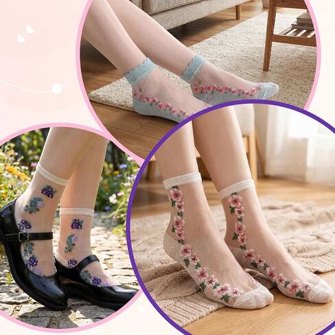 10 Pairs Sheer Floral Socks - Summer Thin Sheer Socks with Designs, Cute Transparent Stocking for Women in Saudi Arabia