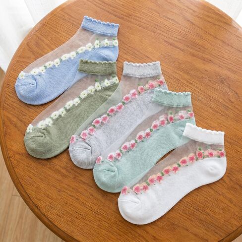10 Pairs Sheer Floral Socks - Summer Thin Sheer Socks with Designs, Cute Transparent Stocking for Women in Saudi Arabia