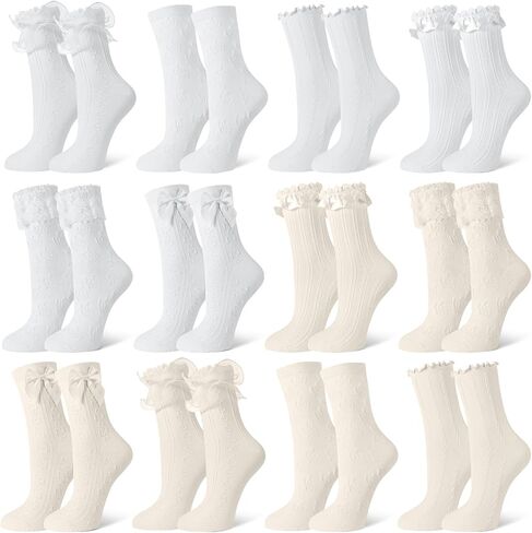 12 Pairs Womens Ruffle Lace Socks, Cute Frilly Mary Jane Socks Cotton Breathable Ankle Dress Socks for Lolita Princess Style & Casual in Saudi Arabia