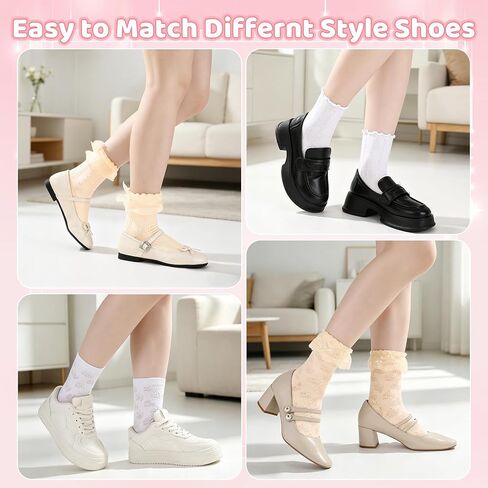 12 Pairs Womens Ruffle Lace Socks, Cute Frilly Mary Jane Socks Cotton Breathable Ankle Dress Socks for Lolita Princess Style & Casual in Saudi Arabia