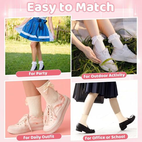 12 Pairs Womens Ruffle Lace Socks, Cute Frilly Mary Jane Socks Cotton Breathable Ankle Dress Socks for Lolita Princess Style & Casual in Saudi Arabia