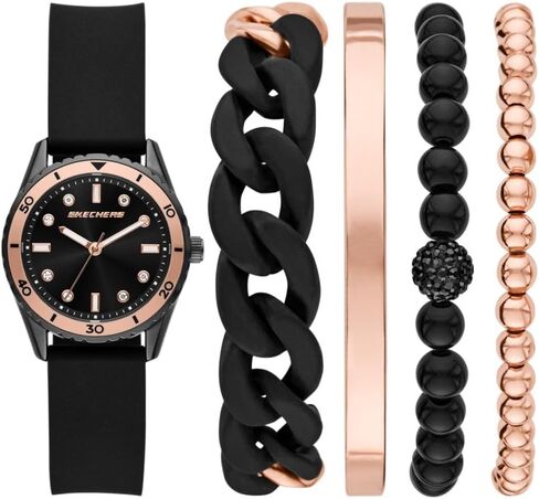 Skechers Women's Three Hand Silicone Watch & Interchangeable Band Gift Set, Black/Rose Gold/Chunky Bracelet Sports Watch for Women in Kuwait