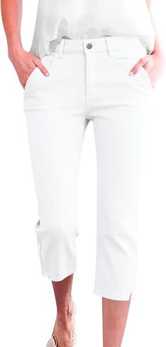 Women's Work Capri Pants Stretch Dressy Casual Button Cropped Pants Summer Straight Leg Office Dress Pant with Pockets in Kuwait