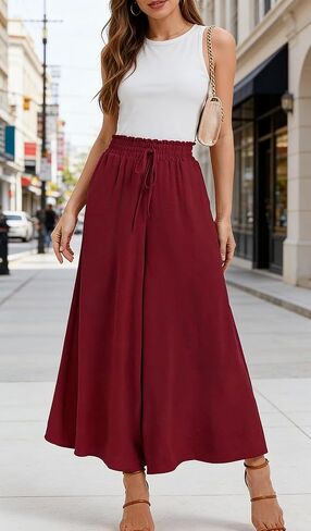 Women's Summer Pants - Lightweight Casual Palazzo Pants Elegant High Waist Baggy Casual Pants with 2 Pockets in Kuwait