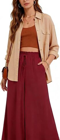 Women's Summer Pants - Lightweight Casual Palazzo Pants Elegant High Waist Baggy Casual Pants with 2 Pockets in Kuwait