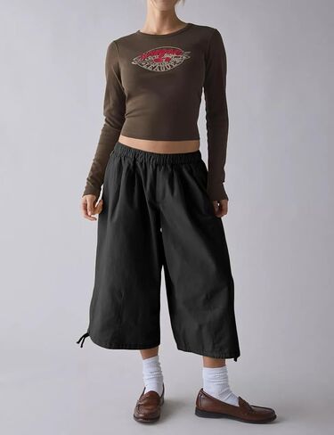 Women's Wide Leg Cargo Capris Pants Elastic Waist Baggy Cropped Pants with Poackets Black XLarge in Saudi Arabia