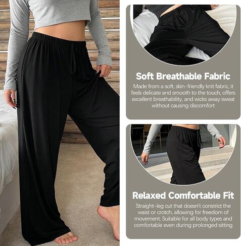 Womens Pants Wide Leg Casual Palazzo Pants Loose Drawstring Lounge Trousers Comfortable Summer Spring for Women Pants in Kuwait