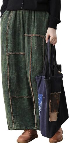 LUZU JUNU Women's Cotton Loose Patchwork Wide Leg Casual Lounge Vintage Boho Cropped Pants with Pocket in Saudi Arabia