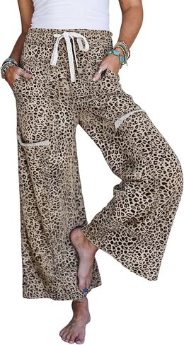 SELINK Casual Leopard Pants for Women Elastic Waist Wide Leg Terry Knit Pants with Pockets Animal Print Daily Trousers in Saudi Arabia