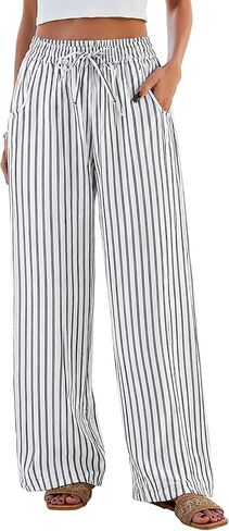 Womens Wide Leg Palazzo Pants Elastic Waist Striped Flowy Pants with Pockets Summer Beach Lounge Travel Trousers in Saudi Arabia