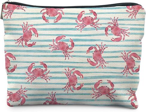 Beach Crab Makeup Bag for Women, Coastal Ocean Crab Striped Cosmetic Bags, Blue Summer Beachy Ocean Sea Animal Zipper Makeup Pouch for Purse in Saudi Arabia
