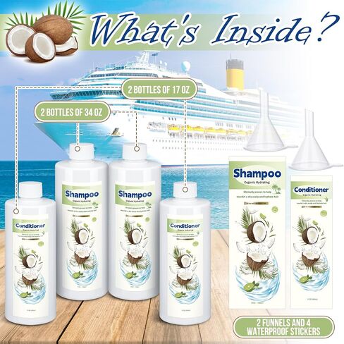 SiliFine 4 Pcs Extra Large Plastic Flask Kit 17 oz 34 oz Empty Shampoo Conditioner Bottles Funnel Flasks Kit Bottle Leak Proof Cruise Bottle Plastic Container, Bottles for Beach Cruise Ship Essentials in Kuwait