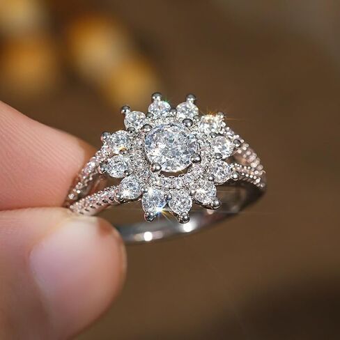Flower Snowflake Ring for Women,White Gold Plated Cubic Zirconia, Engagement Ring Jewelry Women's Fashion Rings,Delicate Stackable in Kuwait