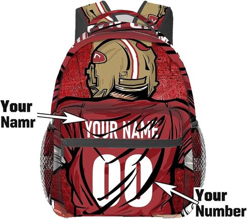 Custom Backpack Name Number Rugby, Unisex Sports Fan Adults School Daily Outdoor San Francisco Red in Kuwait