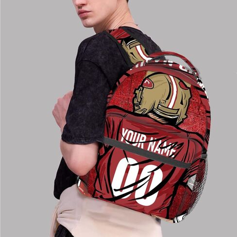 Custom Backpack Name Number Rugby, Unisex Sports Fan Adults School Daily Outdoor San Francisco Red in Kuwait