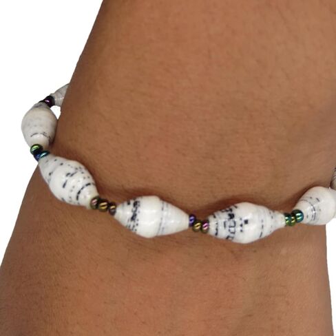 Outreach Uganda Stretch Bracelet - White Bead Bracelet with Black Flecks - Recycled Paper Beaded Bracelet - Artisan Bracelet in Kuwait
