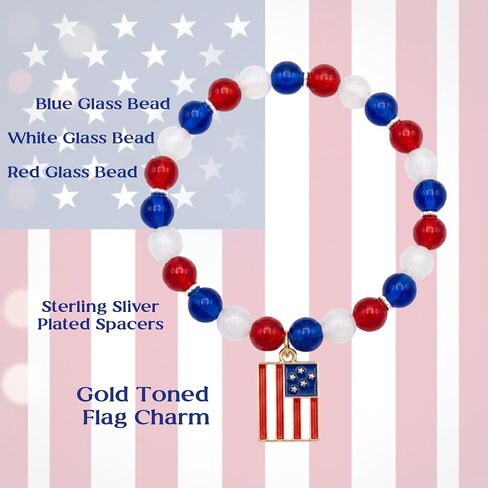 Red, White and Blue Glass Bead Stretch Bracelet with Gold Toned American Flag Charm in Kuwait