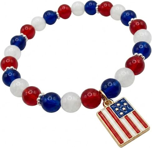 Red, White and Blue Glass Bead Stretch Bracelet with Gold Toned American Flag Charm in Kuwait