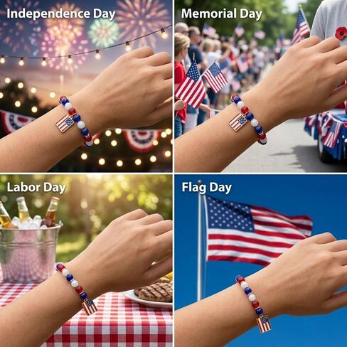 Red, White and Blue Glass Bead Stretch Bracelet with Gold Toned American Flag Charm in Kuwait