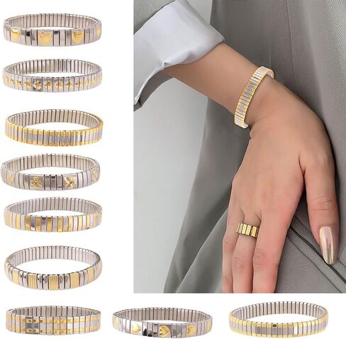 Elastic Bracelet Jewelry Stainless Steel Stretch Bracelet for Women, Flexible Wide Wristband Bangle Bracelets Decorated Golden Pattern in Saudi Arabia