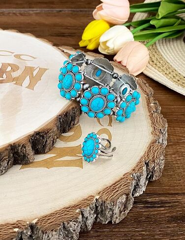 TOPACC Turquoise Bracelets with Ring Western Cowgirl Stretch Bracelet for Women Boho Jewelry Set for Western Outfit in Saudi Arabia