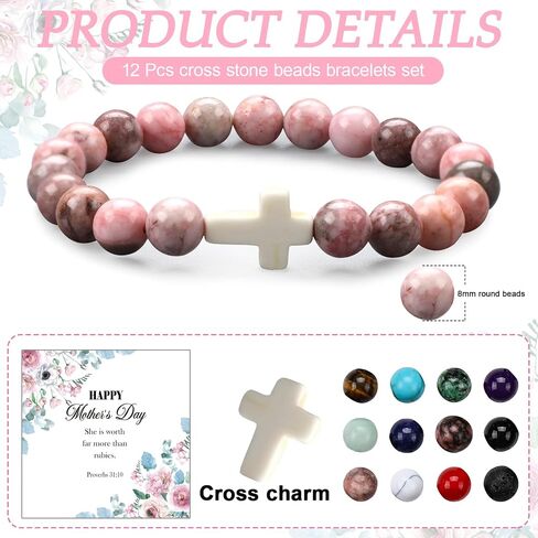 Aurelema 12 Pcs Mother's Day Christian Bracelets for Women Adjustable Beaded Cross Bracelet Mom Christian Gifts Inspirational Religious Faith Jewelry Gifts for Mom Grandma Mother's Day in Kuwait