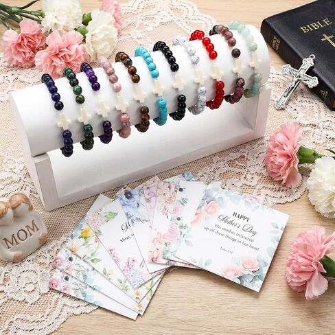 Aurelema 12 Pcs Mother's Day Christian Bracelets for Women Adjustable Beaded Cross Bracelet Mom Christian Gifts Inspirational Religious Faith Jewelry Gifts for Mom Grandma Mother's Day in Kuwait