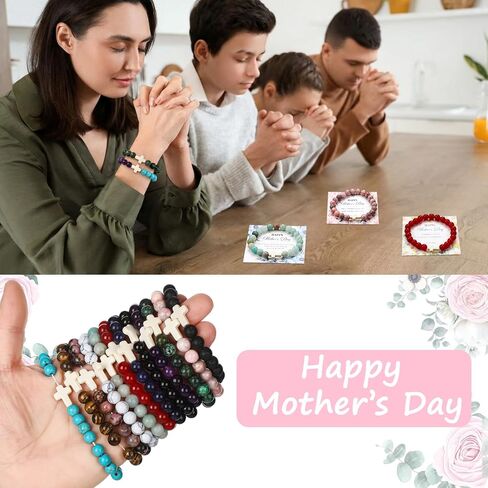 Aurelema 12 Pcs Mother's Day Christian Bracelets for Women Adjustable Beaded Cross Bracelet Mom Christian Gifts Inspirational Religious Faith Jewelry Gifts for Mom Grandma Mother's Day in Kuwait
