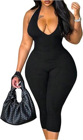 سروال رومبير نسائي من WDIRARA بمقاس كبير ورقبة على شكل حرف V بدون ظهر ورسن Bodycon Capri in Kuwait