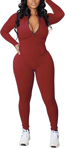 Women Zip Up Bodycon Jumpsuits Ribbed Long Sleeve Slim Fit One Piece Pants Jumpsuits in Saudi Arabia