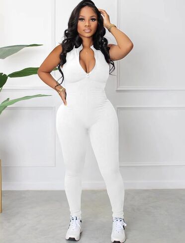 chicyes Women's Bodycon Sexy Jumpsuits Sleeveless Ribbed Zipper One Piece Pants Rompers Summer Outfits White in Saudi Arabia